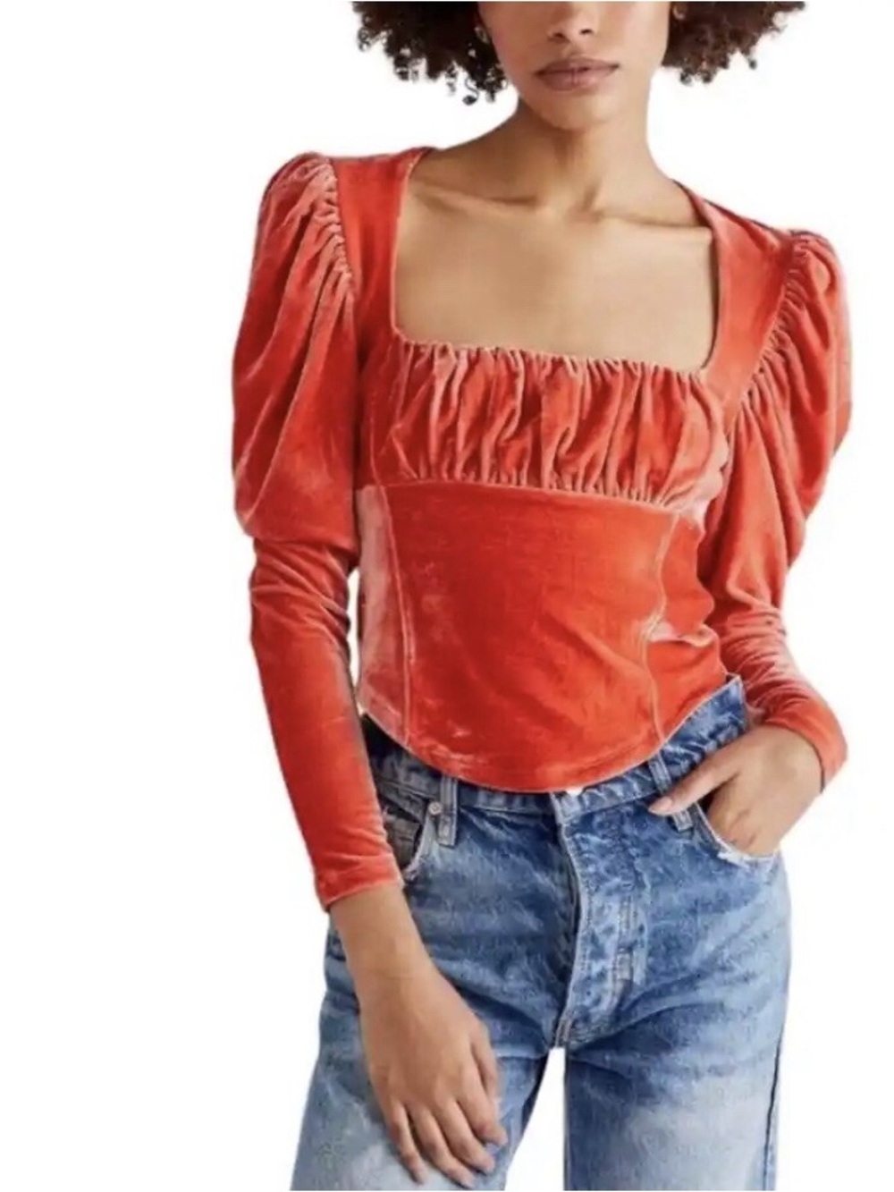 Free People Velvet Puff-Sleeve Square Neck Top in Coral Orange